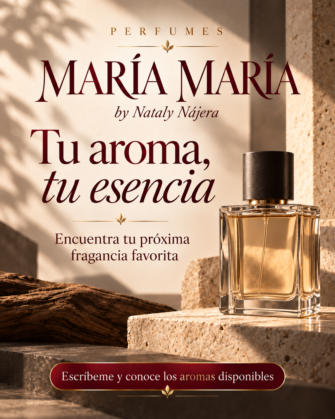 Publicidad de Perfumes María María by Nataly Nájera, con un frasco ilustrativo sobre piedra